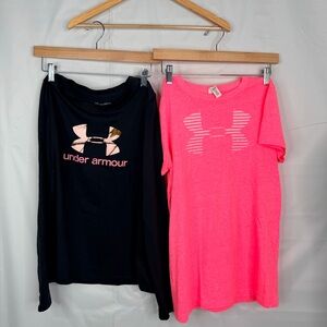 Lot of 2 Under Armour Women’s Shirts Medium Black LS + Pink SS Logo Tee